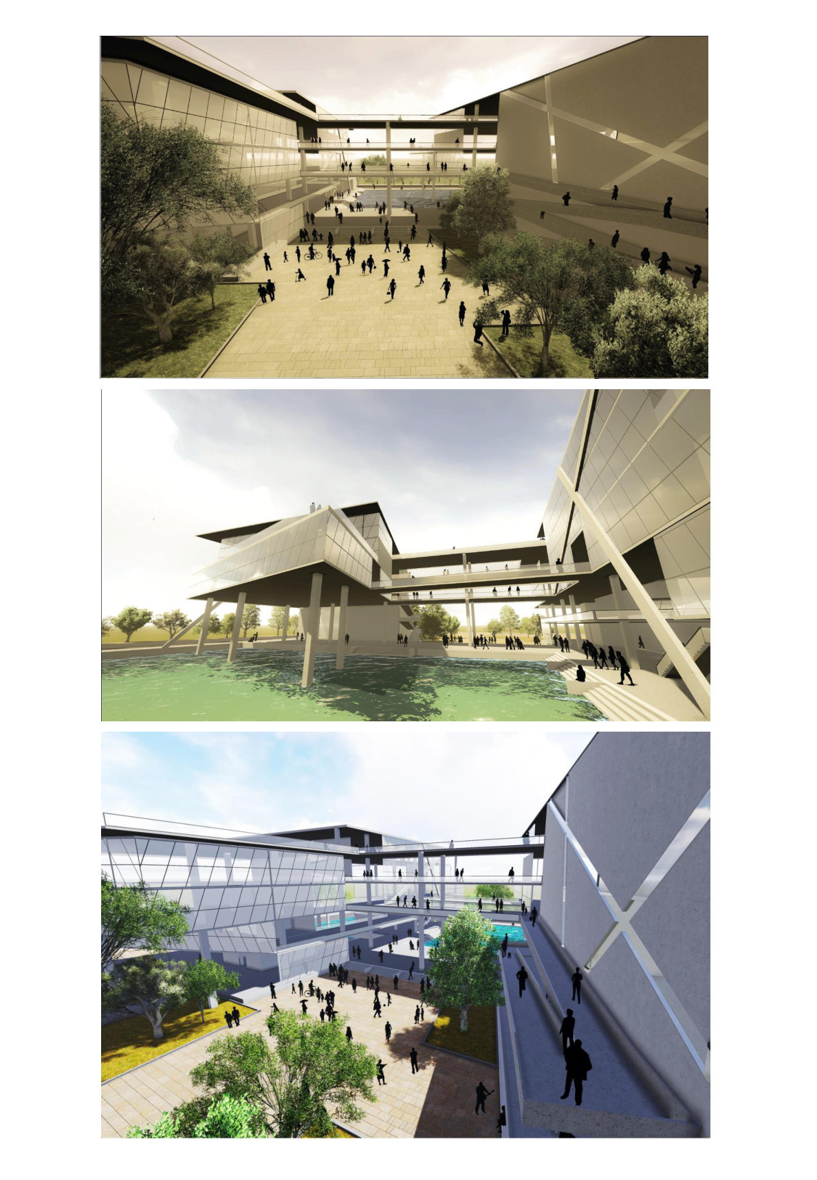 Three exterior renderings of courtyards, water, and glazed facades at Nazrul Institute