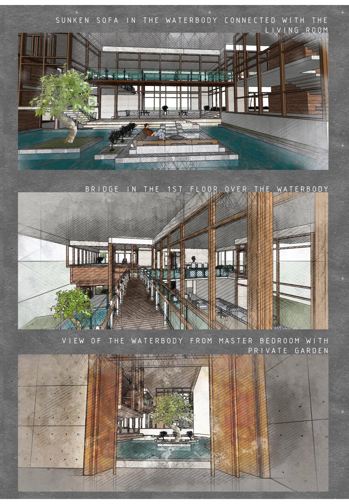 Views of sunken sofa in the waterbody, first-floor bridge, and master bedroom looking onto water and garden