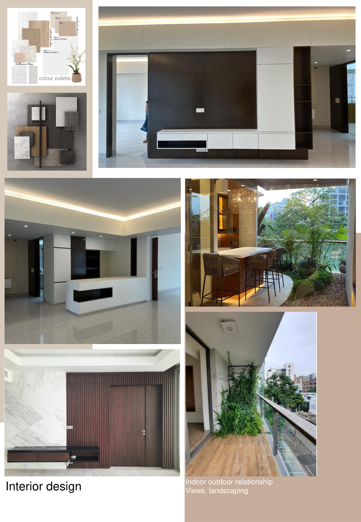 Material palette and photographs of residential interiors, outdoor bar, and planted balcony