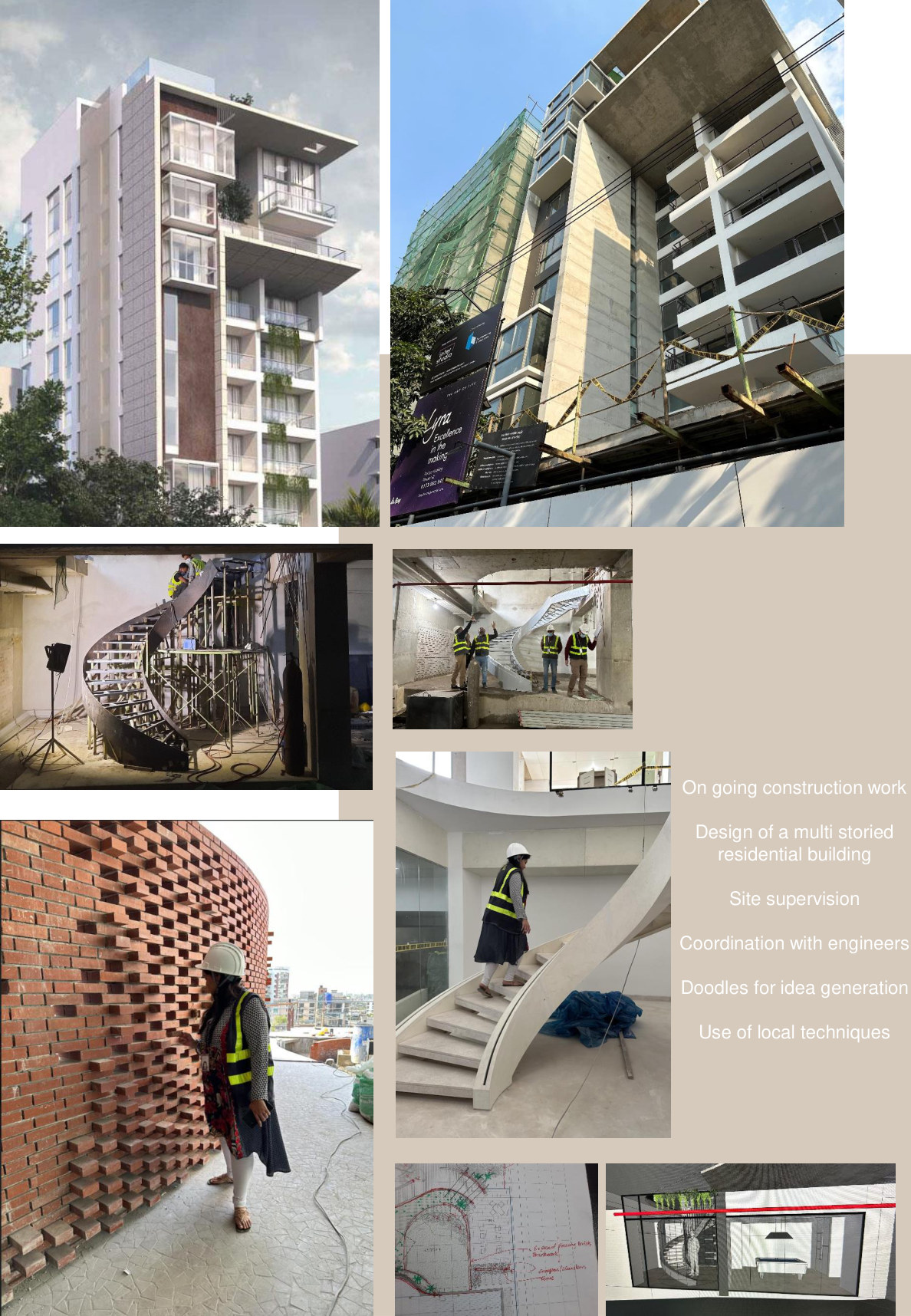 Construction photographs including facade, spiral stair, brick screen, site supervision, sketch, and interior